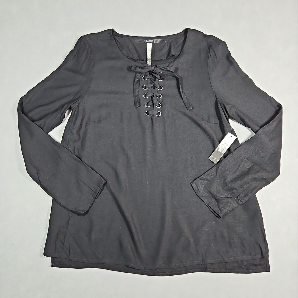 Kensie Juniors Black Lace Up Front Long Sleeve Blouse Size Medium NWT